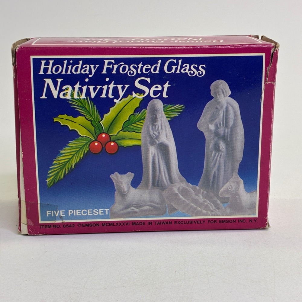 Vintage 1986 Emson Frosted Glass Nativity Set 5 Piece Christmas Decor 8542